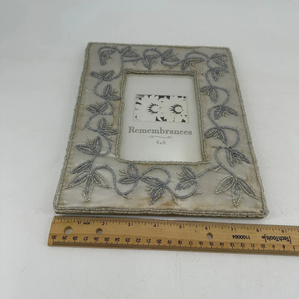 Vintage Style Beaded Satin 4x6 Photo Frame Cream Blue Floral Vine Coquette Decor